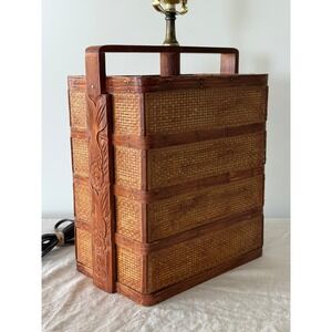 Vintage Asian Wedding Basket Table Lamp Large Brown Boho Rattan Carved Wood 24in
